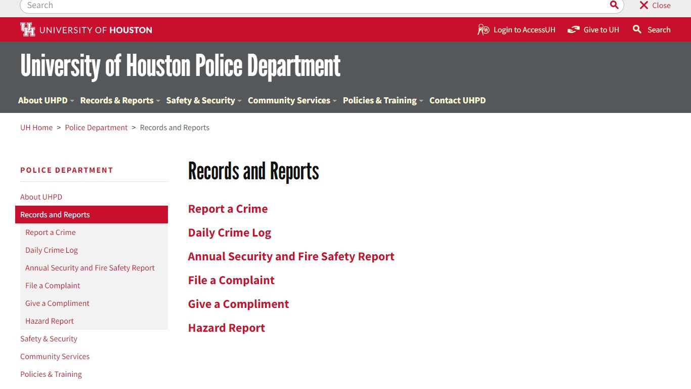 UHPD: Records and Reports - University of Houston